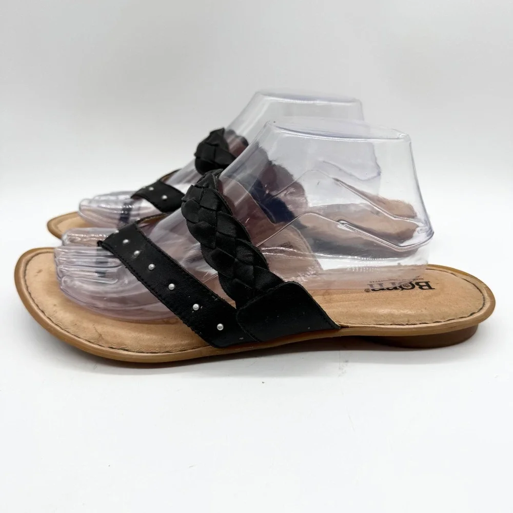 Born Braided Strap Thong Sandals Slip On Flats Black Leather Size 11 Boho Casual
